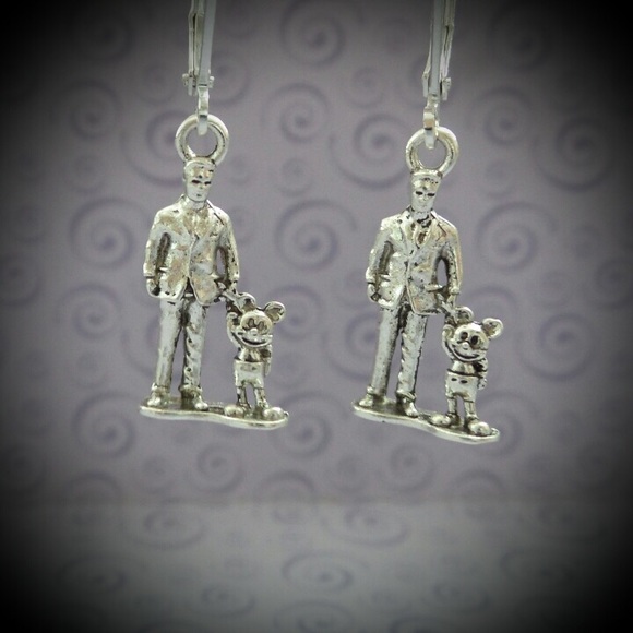 Man and Mouse holding Hands Silver Tone Earrings - Picture 3 of 9